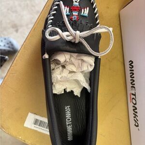 Minnetonka Navy Blue Moccasins with Beaded Design